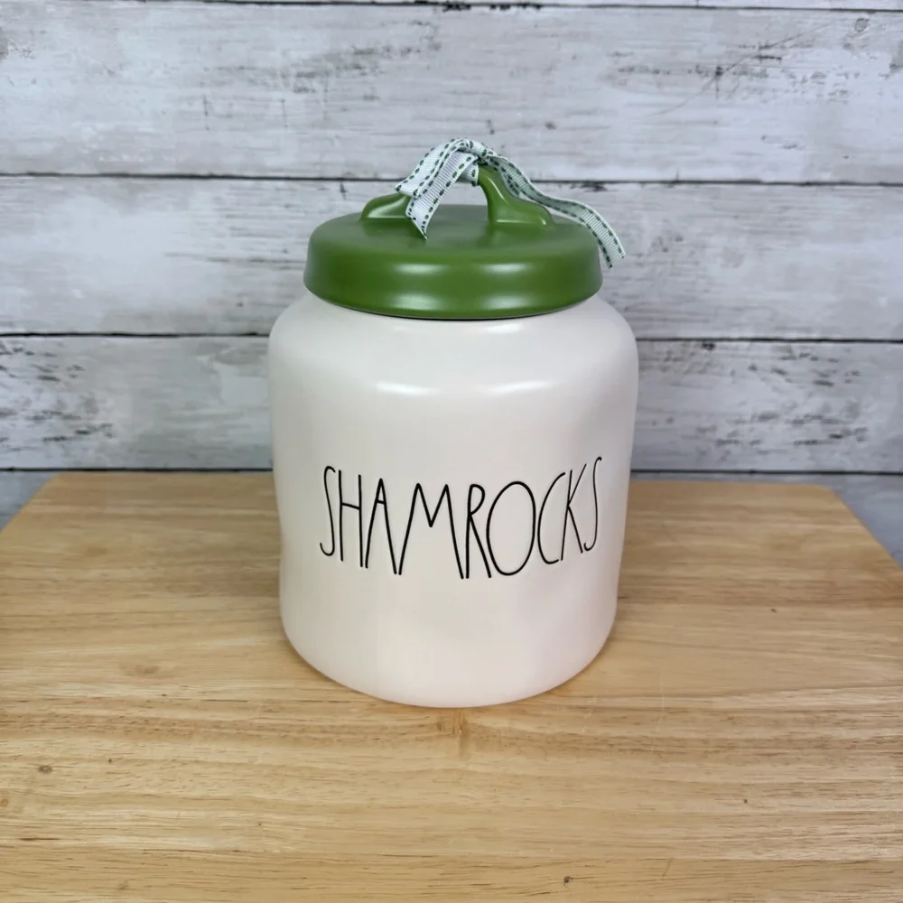 Rae Dunn Shamrocks Canister Matte White & Green